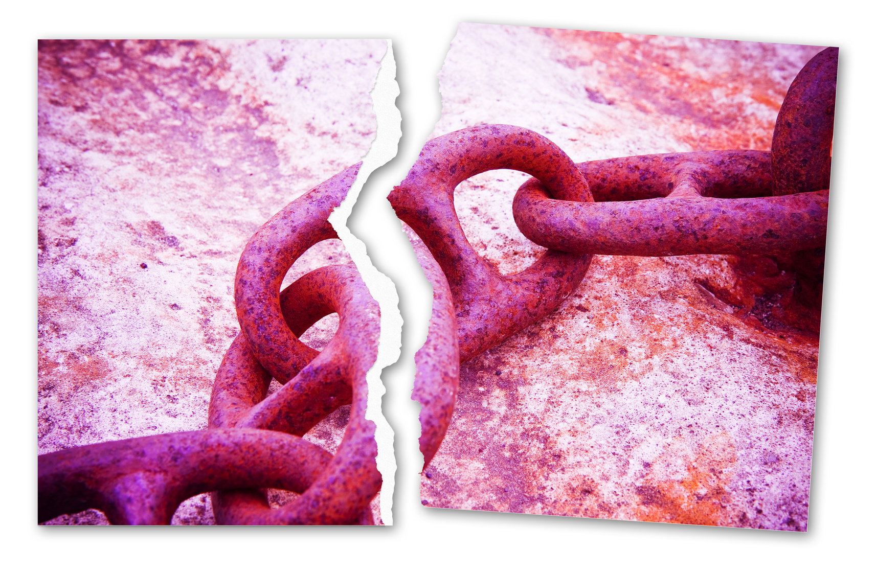 Breaking the chains - concept image with a ripped photo of an old rusty metal chain - toned image